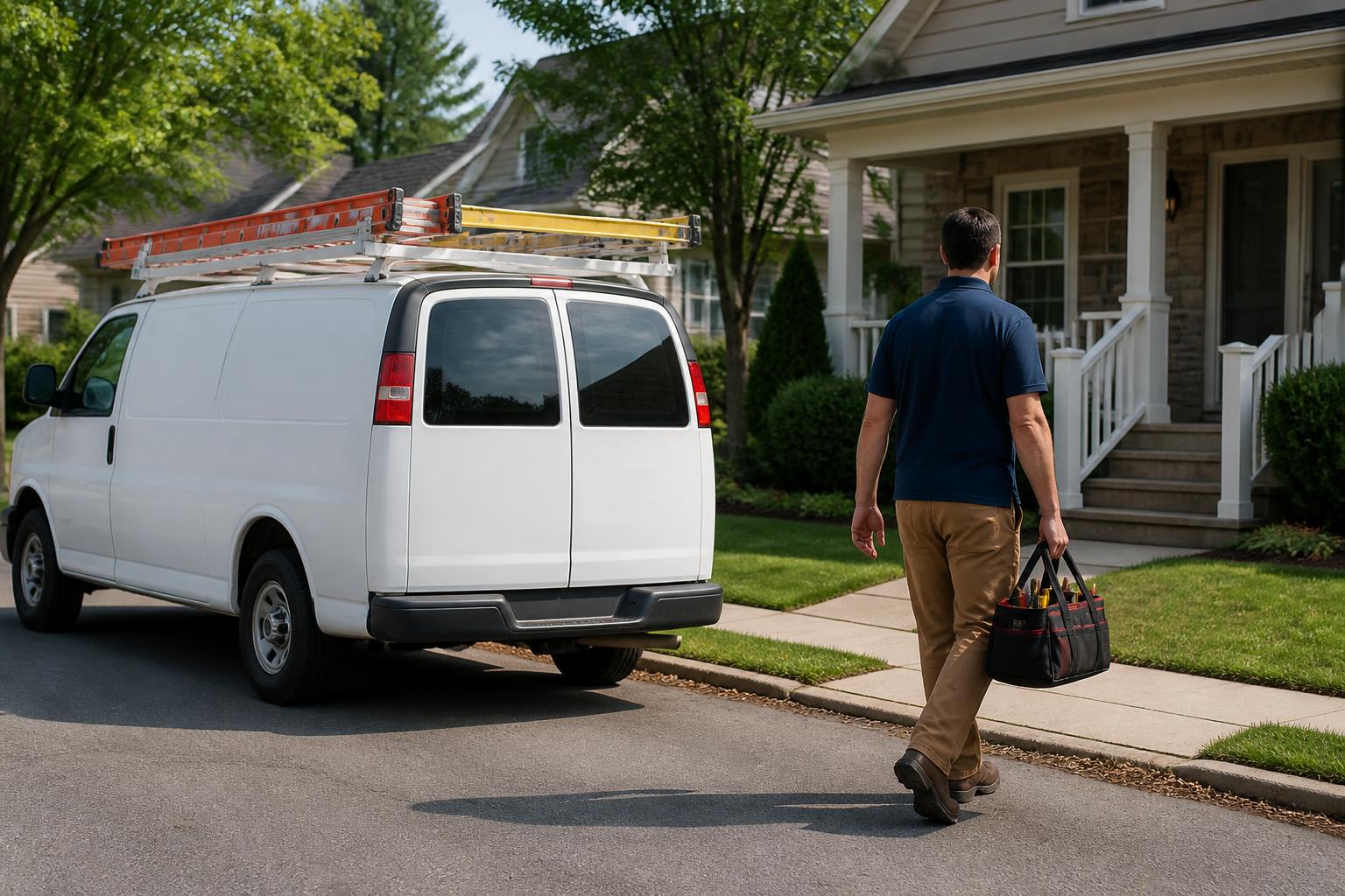 Local residential electrician arriving at a home with a service van